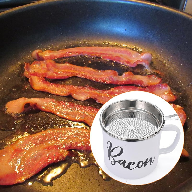 Fondpen Bacon Grease Container with Strainer - 15oz Enamel Grease Container, White Elephant Gifts For Kitchen Fat Storage, Dishwasher Safe- White - Image 5